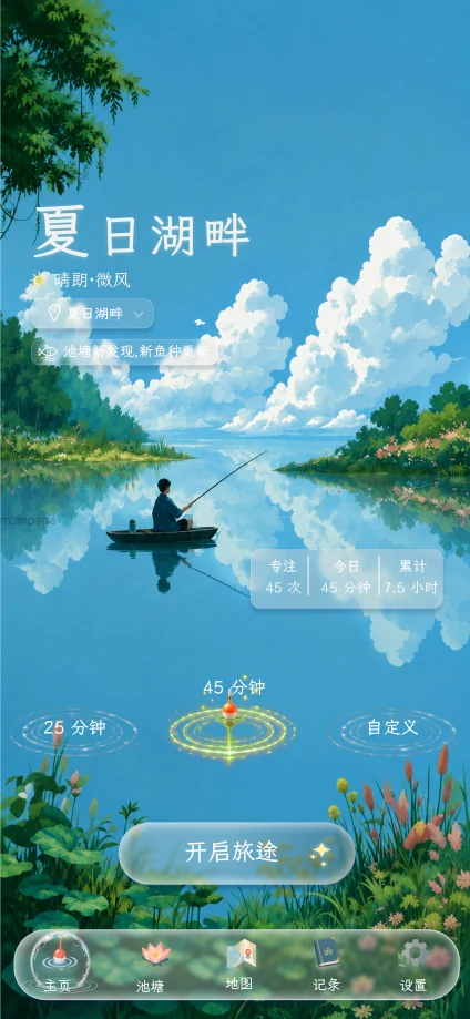 夏日湖畔主页:湖上垂钓、专注时长选择与开启旅途按钮