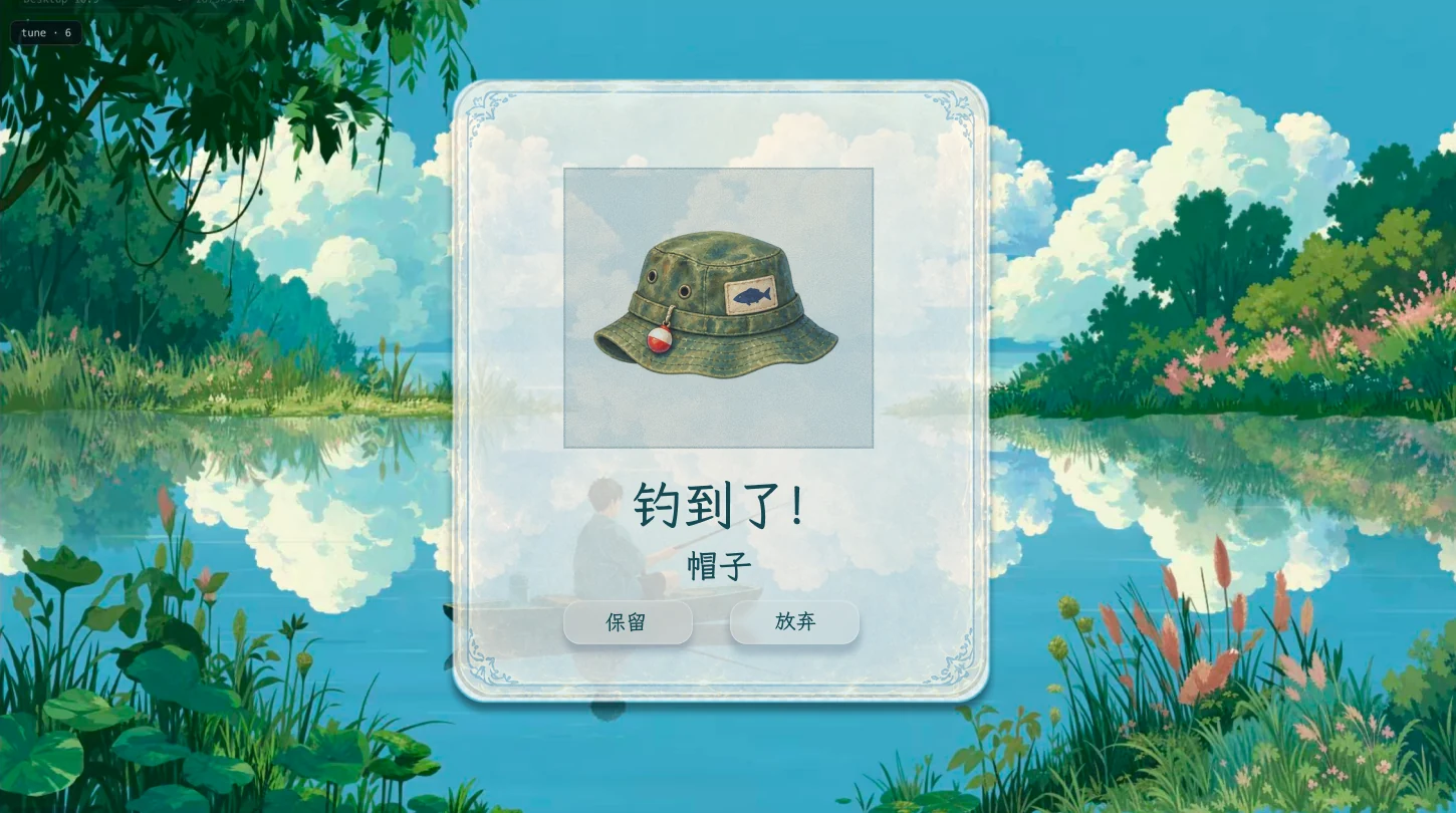 垂钓收获卡片:钓到一顶带有鱼徽章的绿色帽子,可以选择保留或放弃